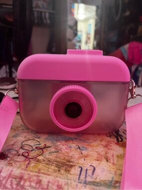 Pink Camera themed water bottle with Strap